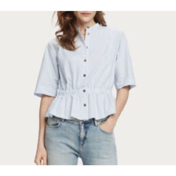 Scotch & Soda Womens Small Blue White Striped Gathered Waist Button Down Blouse - Picture 13 of 13